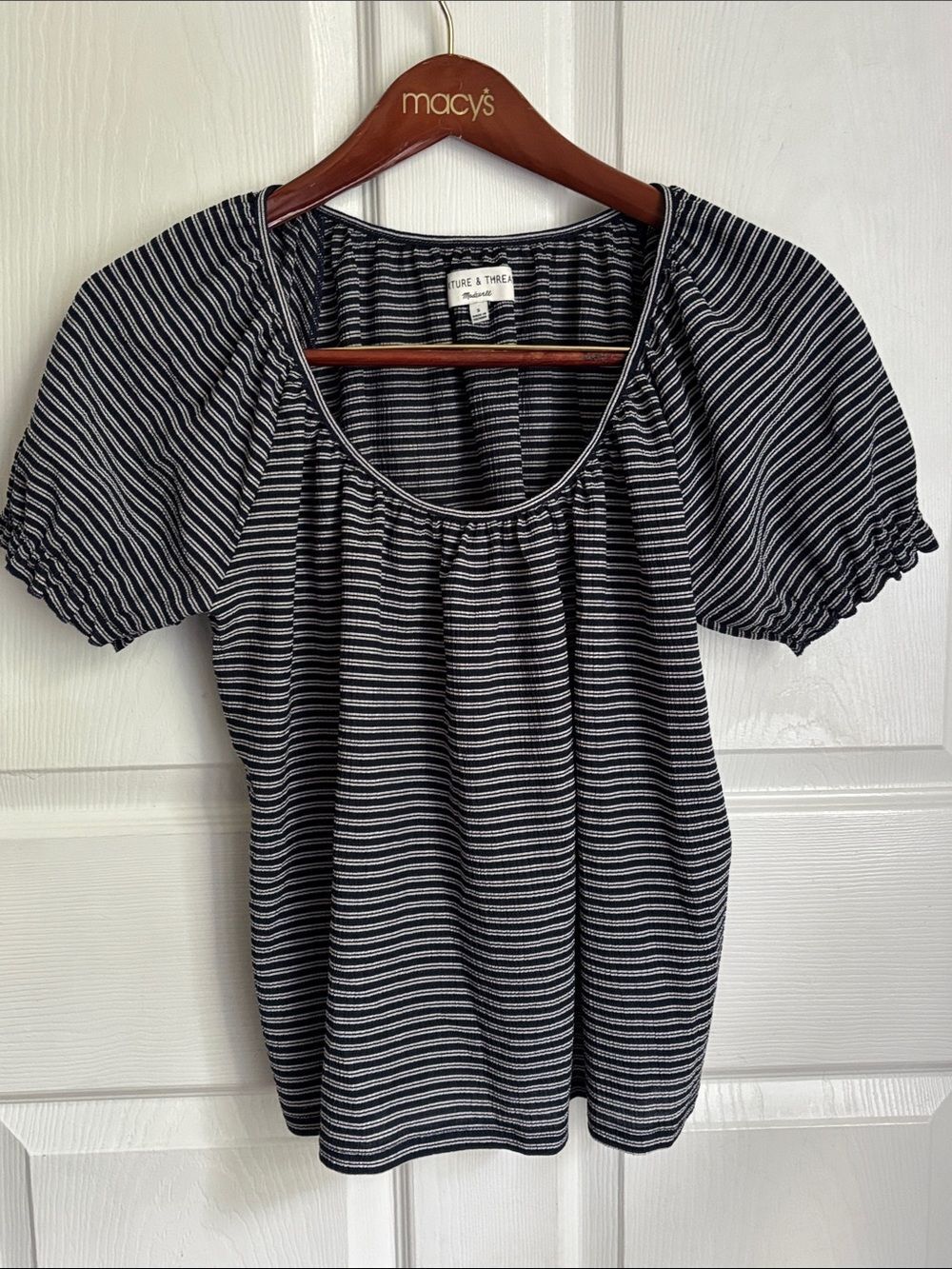 Madewell Texture & Thread Navy and White Striped Scoop Neck Puff Sleeve Tee Sz S
